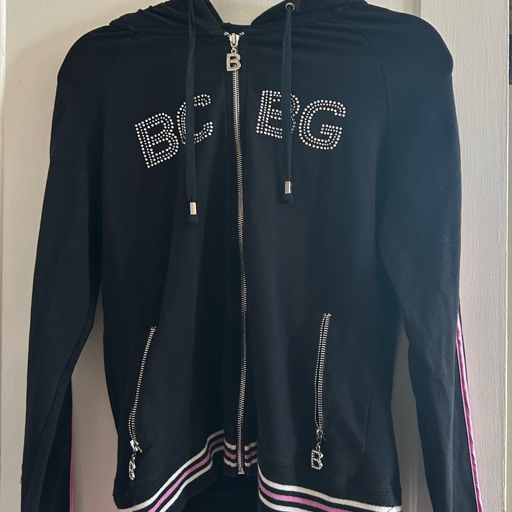 BCBG Black Hoodie with Rhinestone Logo and Pink Trim